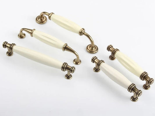 Cream Porcelain Cabinet Pulls Drawer Handles Antique Bronze