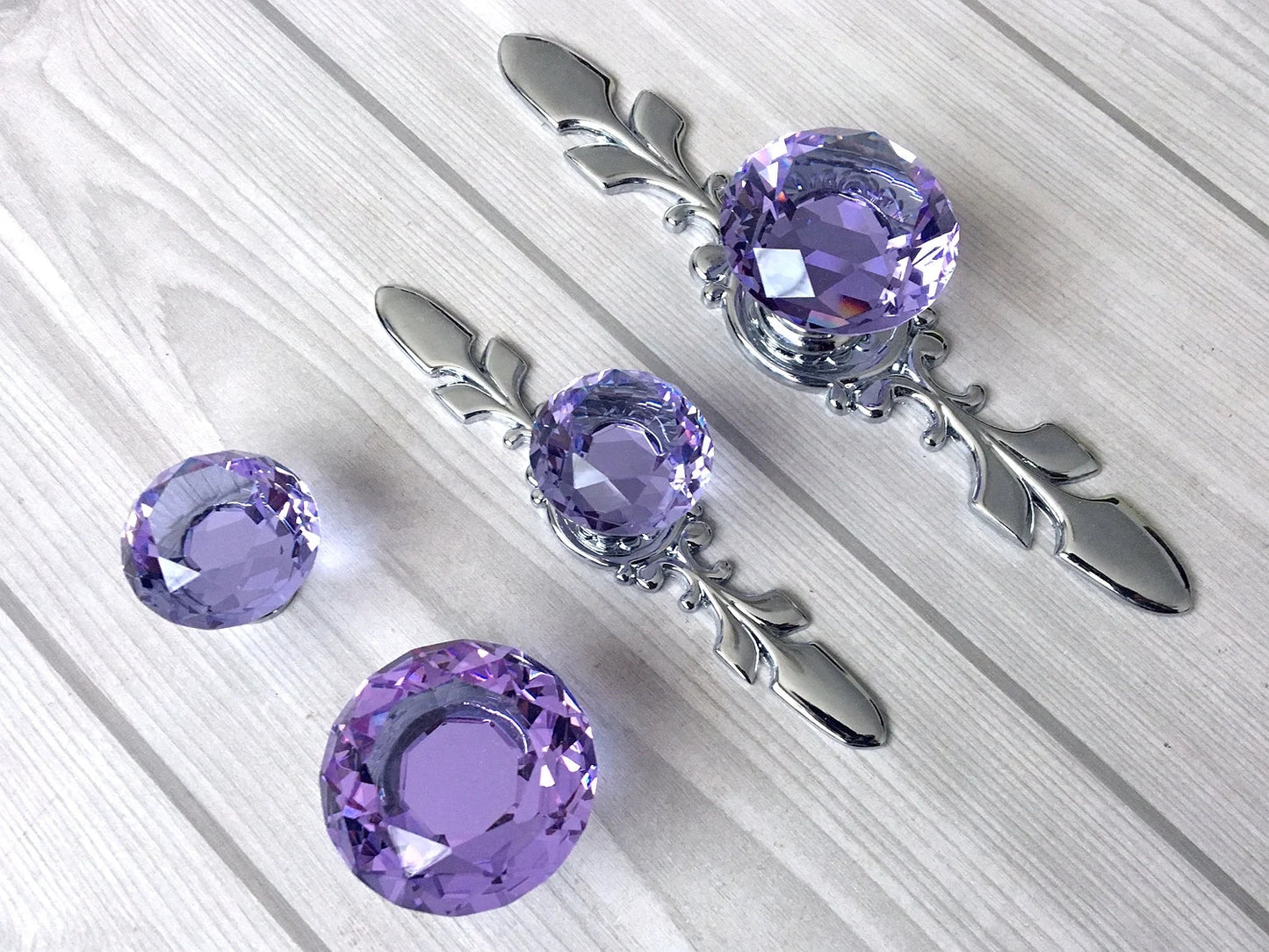 Purple Glass Drawer Knobs with Backplate, Polished Chrome