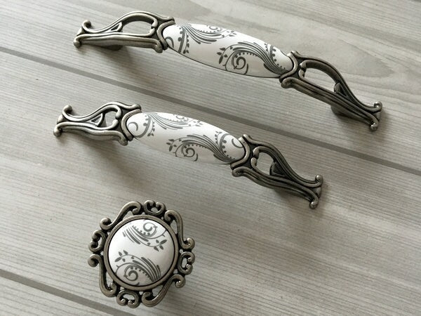 3.75" 5" Centers Antique Pewter Porcelain Drawer Pull Handle