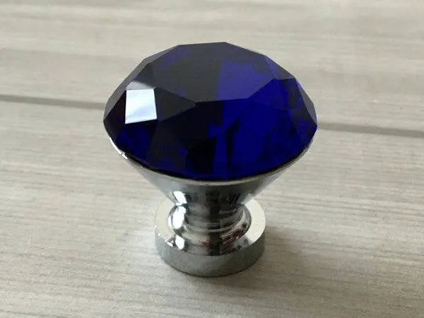 Blue Glass Drawer Knobs with Back Plate, Polished Chrome