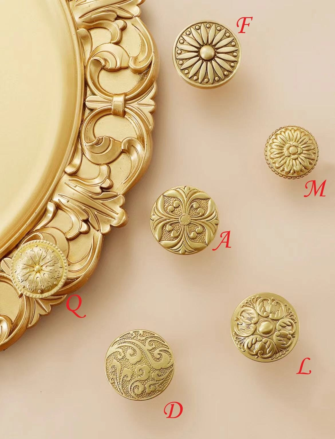 Brass Flower Patterned Knobs, Floral Drawer Pulls, Brushed Gold, Kitchen Cabinet Hardware
