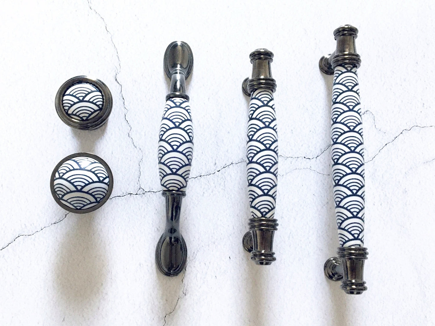 3.75" 5" Porcelain Cabinet Pulls, Blue White Scallop, Geometric Fish Scale, 96 128 mm Holes