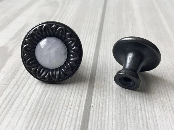 Gem Look Antique Black White Drawer Pulls, Backplates, Rustic Kitchen Hardware