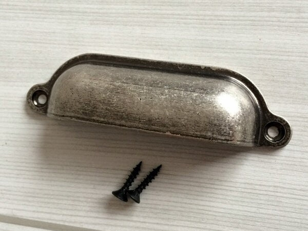 3.5" Antique Pewter Cup Drawer Pull and Knobs with emobssed motif