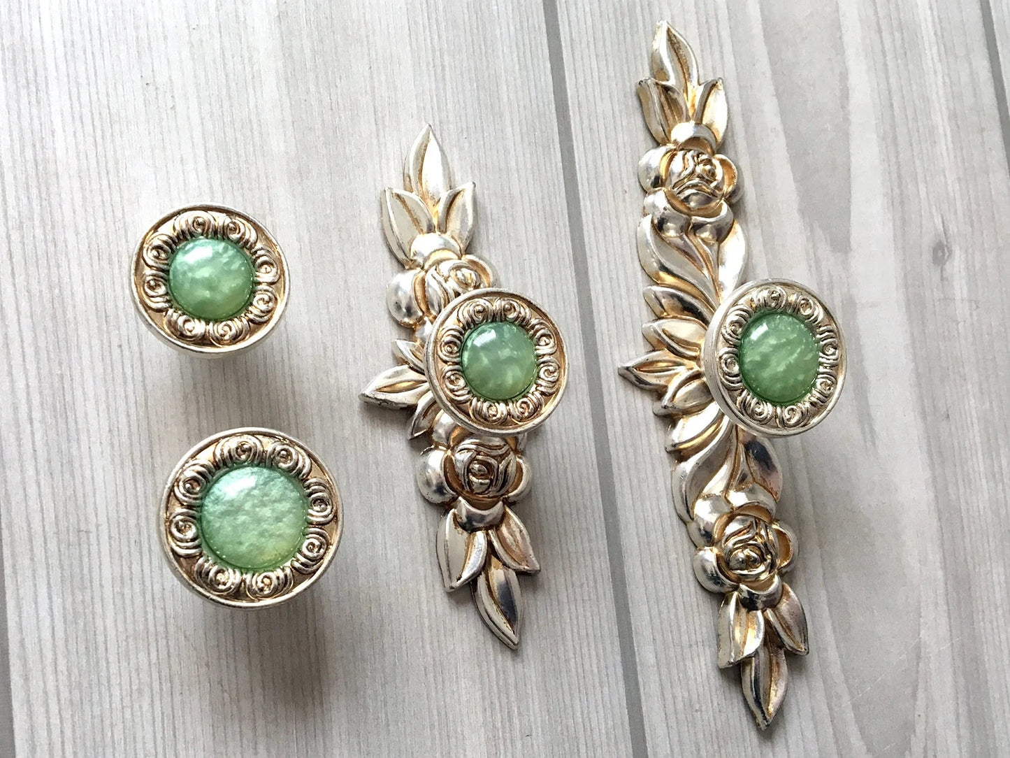 Shabby Chic Style Green Drawer Knobs with Antique Silver Backplate