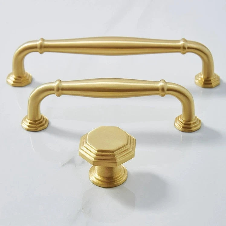 3.75" 5" 7.5" Octagonal Brass Cabinet Handles Brushed Gold Vanity Pulls