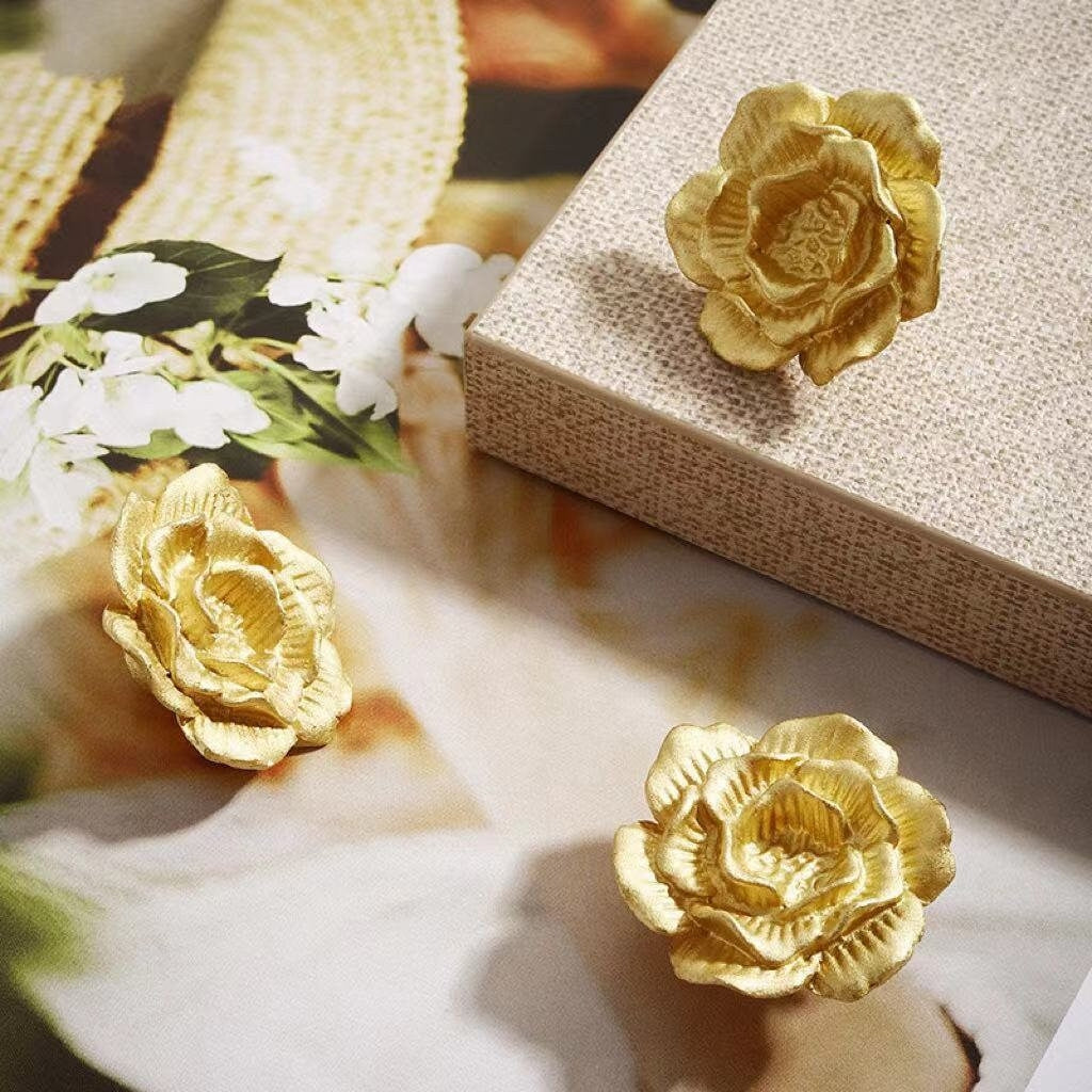 Decorative Camellia Brass Knobs, Blossom Petal Cabinet Pulls, Kitchen Hardware