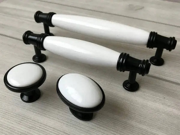 3.75" 5" Porcelain Drawer Pull Handle, White Black, Kitchen Cabinet Hardware