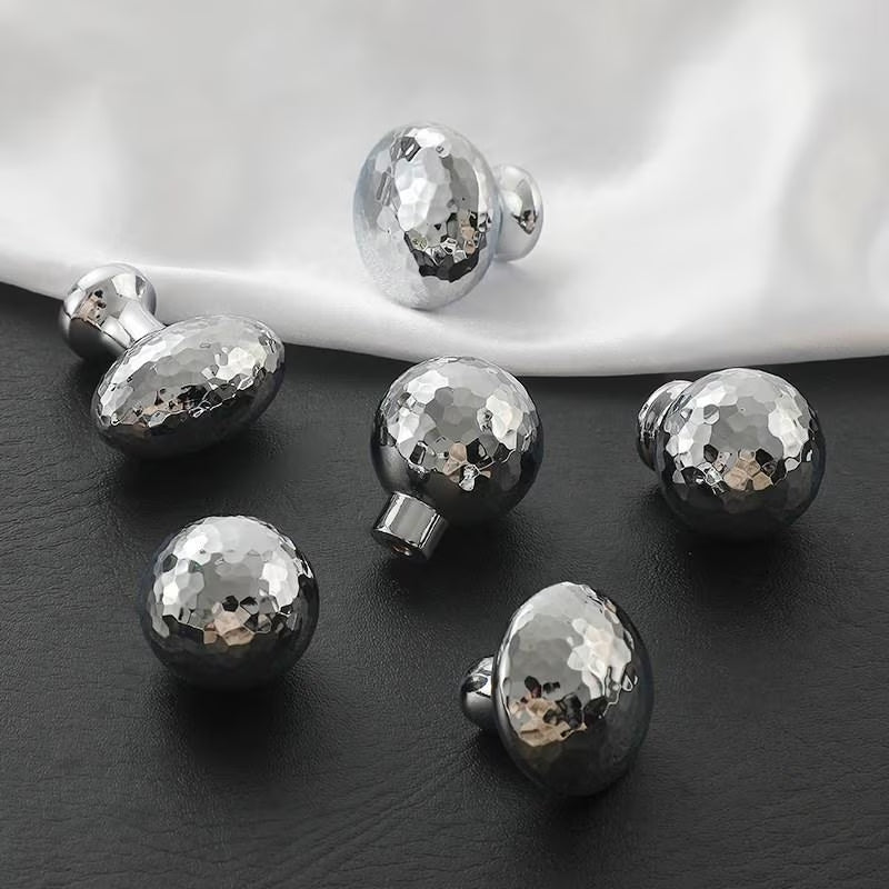 Silver Hammered Brass Drawer Knobs, Polished Chrome, Modern Kitchen Cabinet Hardware