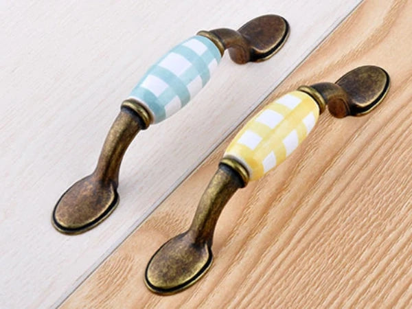 Gingham Porcelain Drawer Pulls, 3" 3.75" Centers, Blue Green Yellow Red
