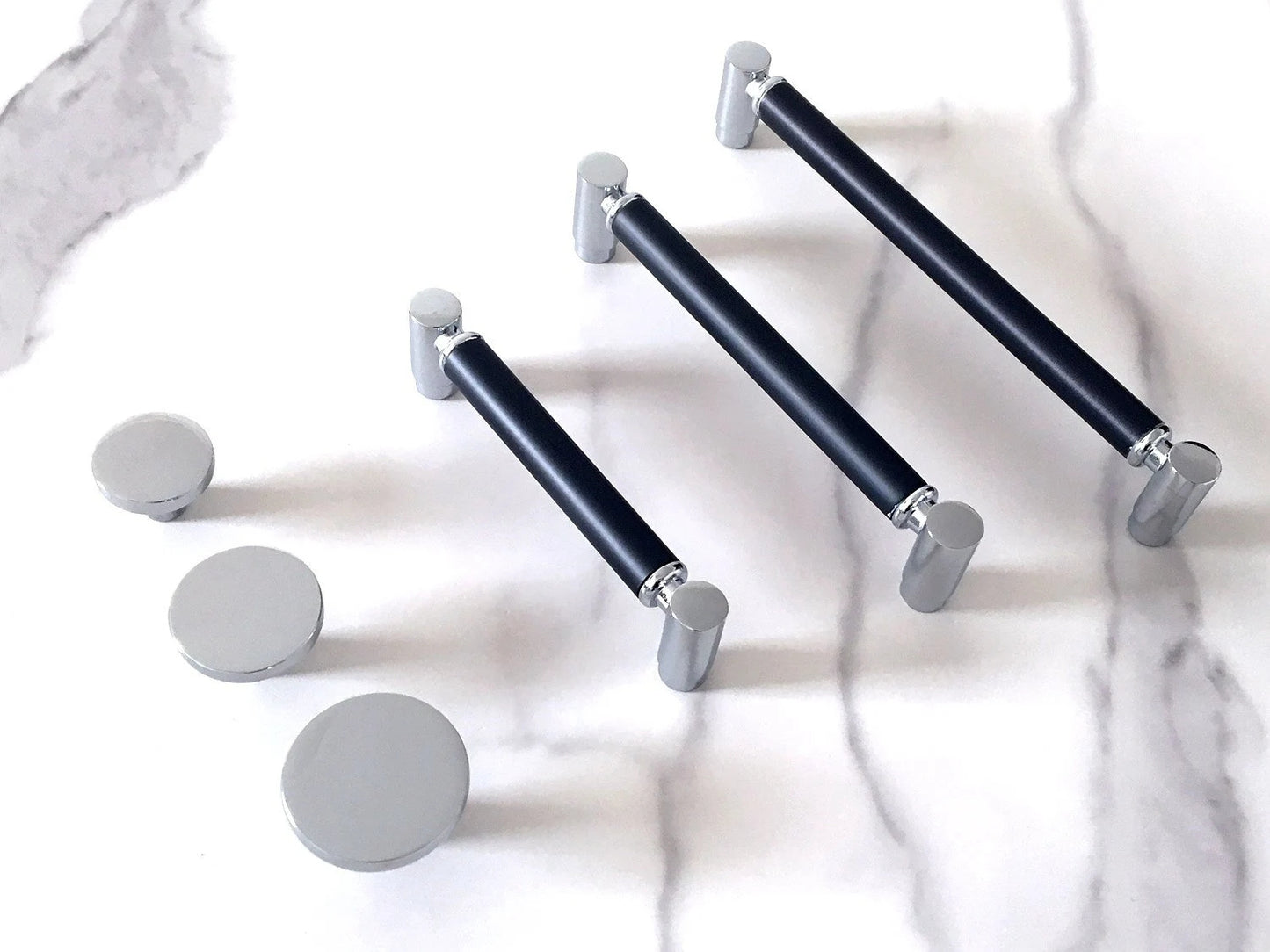 Black Silver Cabinet Pulls, Circle Knobs, Minimalist Kitchen Hardware