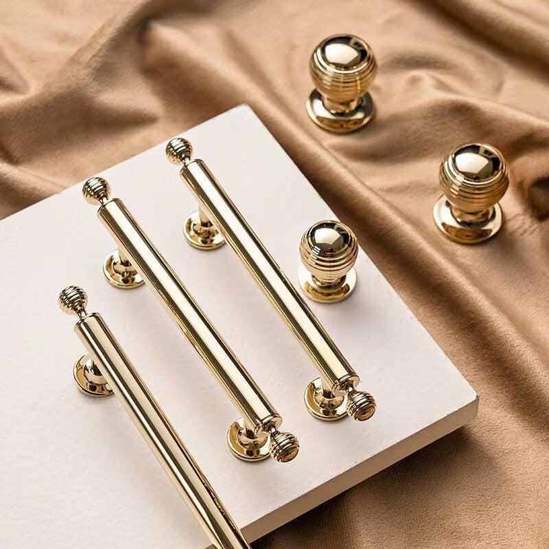 Beehive Brass Cabinet Pulls and Knobs, Polished Gold and Chrome, Luxurious