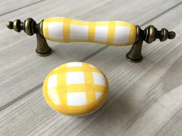 3" Centers Gingham Ceramic Drawer Pull and Cabinet Knob, Antique Bronze Green Yellow Red Blue White