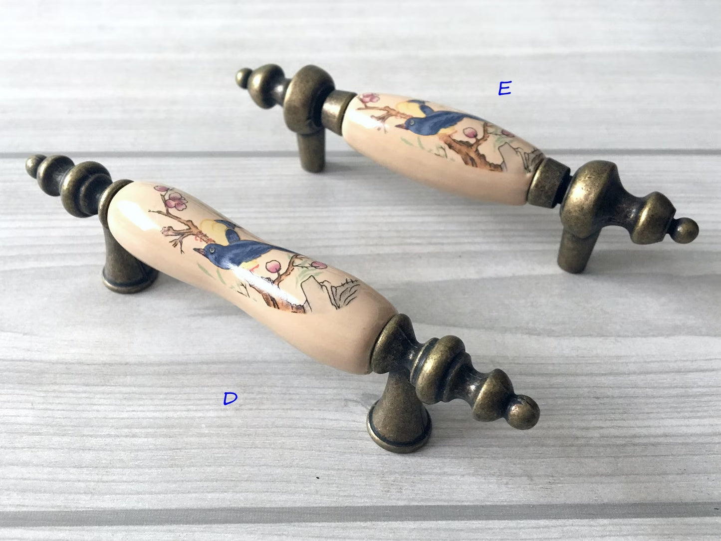 3" 3.75" 5" Flower Bird Porcelain Drawer Pulls Cabinet Handle, Tan Bronze