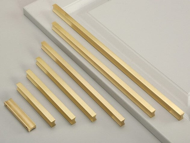 Solid Brass Cabinet Pulls, Simple Minimalism, Brushed Gold, Kitchen Hardware