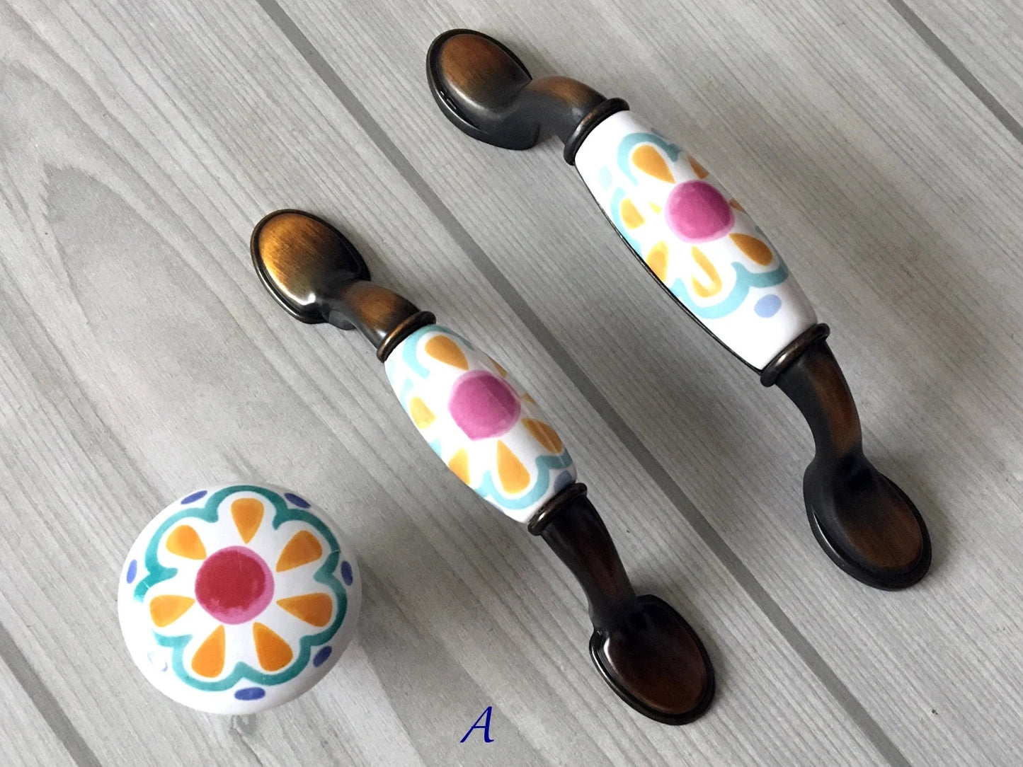 Colorful Porcelain Drawer Pulls, 3" 3.75" Centers, 4 Designs