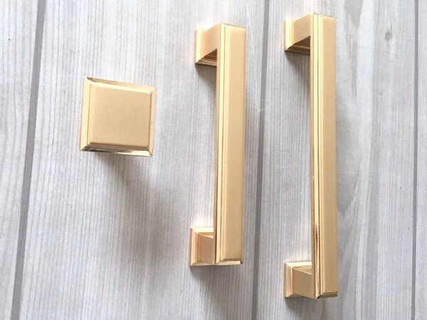 Gold Cabinet Pulls, Square Drawer Knobs, Kitchen Hardware, 3.75" 5" Centers