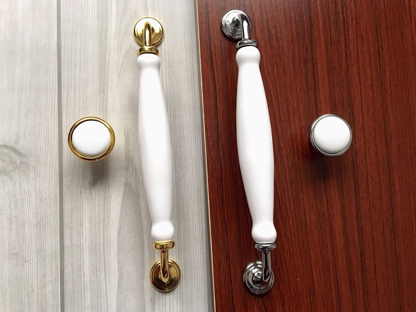 7.5" Kitchen Cabinet Pulls, Round Knobs, 192 mm Centers, Porcelain, White Bronze Chrome