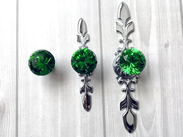 Green Glass Drawer Knobs with Backplate, Crystal Cabinet Pulls, Kitchen Hardware