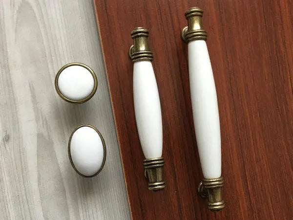 3.75" 5" Porcelain Drawer Pull,  White Antique Bronze, Kitchen Door Handle