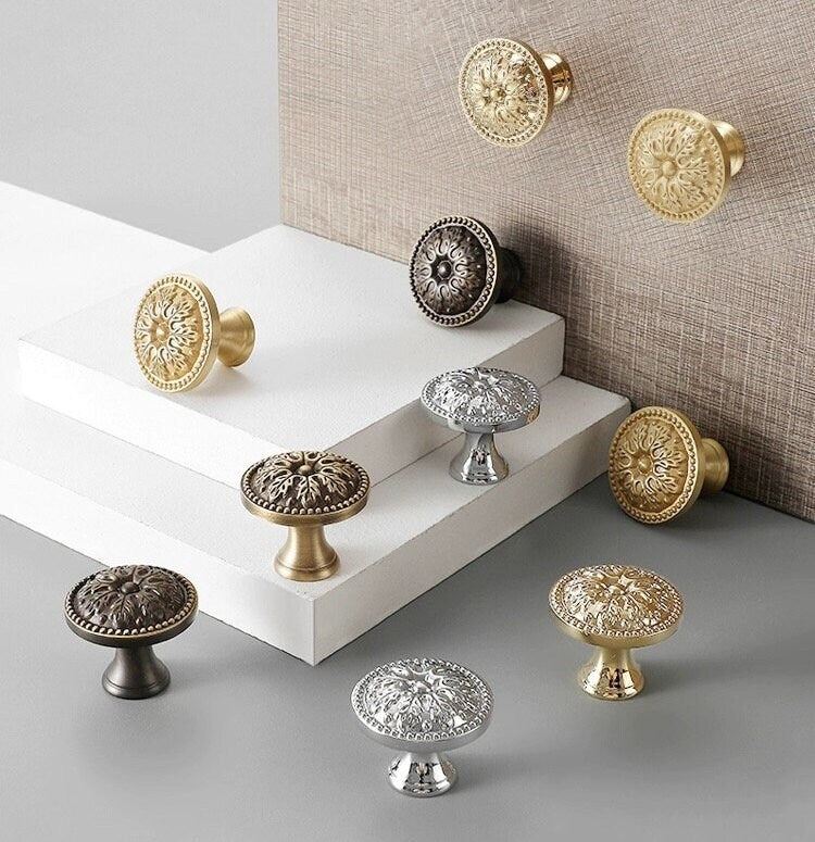 Floral Brass Knobs, Flower Cabinet Pulls, Gold Silver Bronze