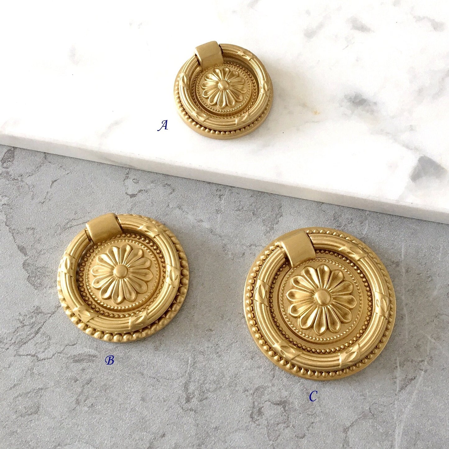 Brass Drop Ring Drawer Pulls, Floral Backplate, Antique Bronze, Gold