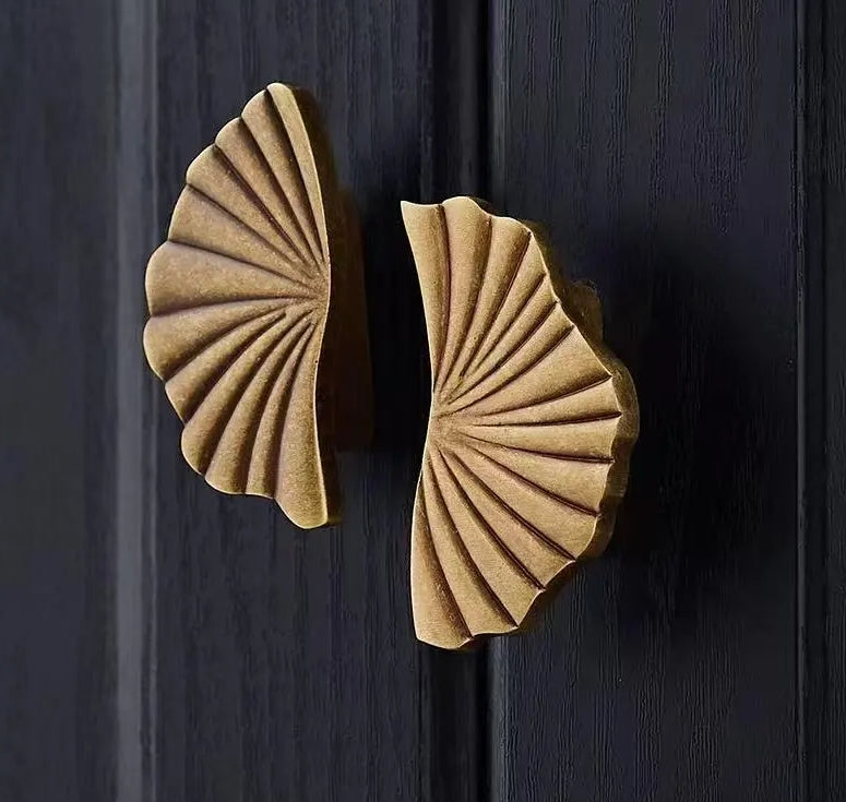 Brass Sunburst Half Circle Drawer Pulls w. Matching Knobs, Contemporary Kitchen Hardware
