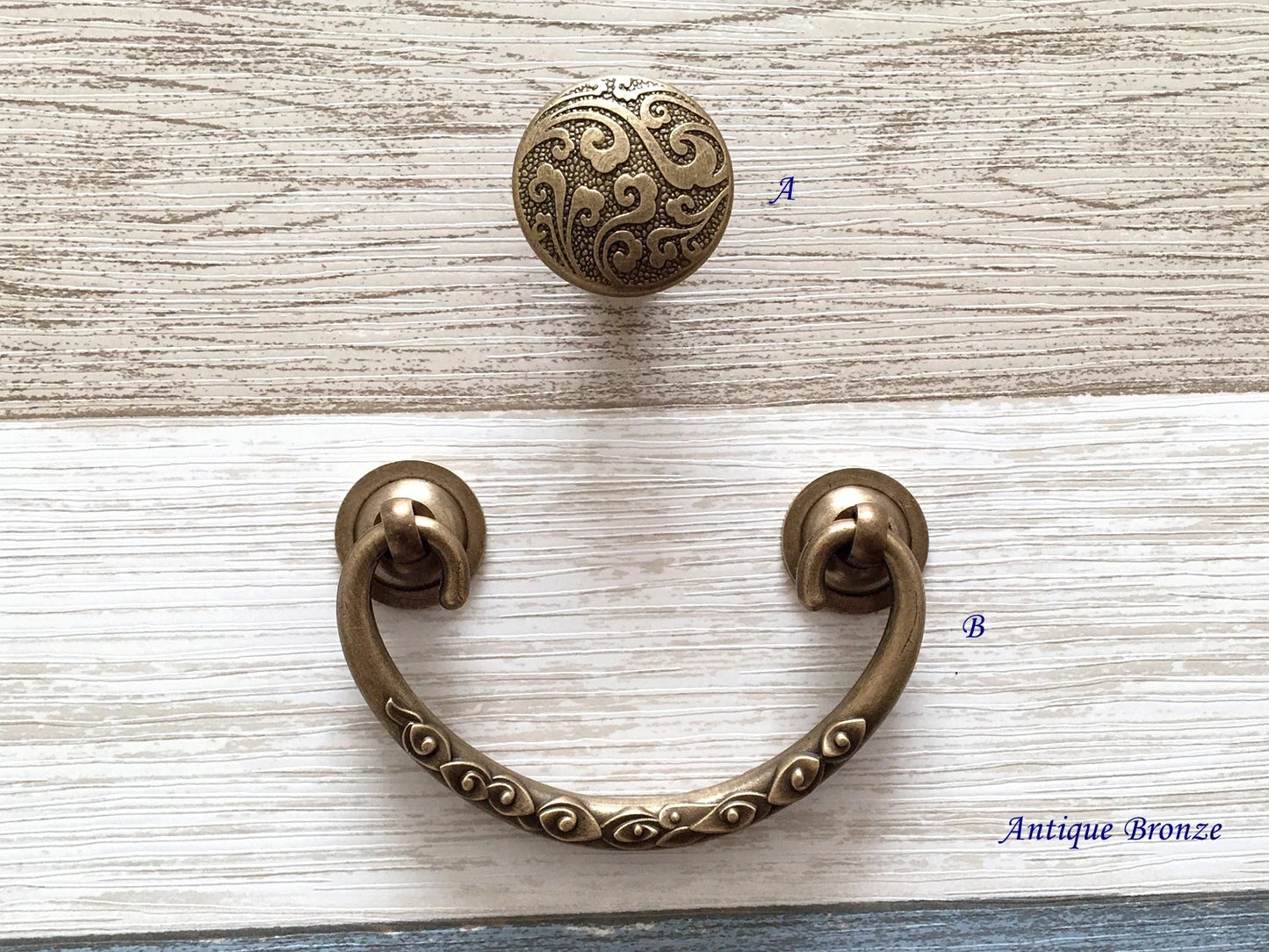 2.75" to 3" Centers Brass Drop Bail Drawer Pull with matching knob, Vintage Style, Antique Bronze Black