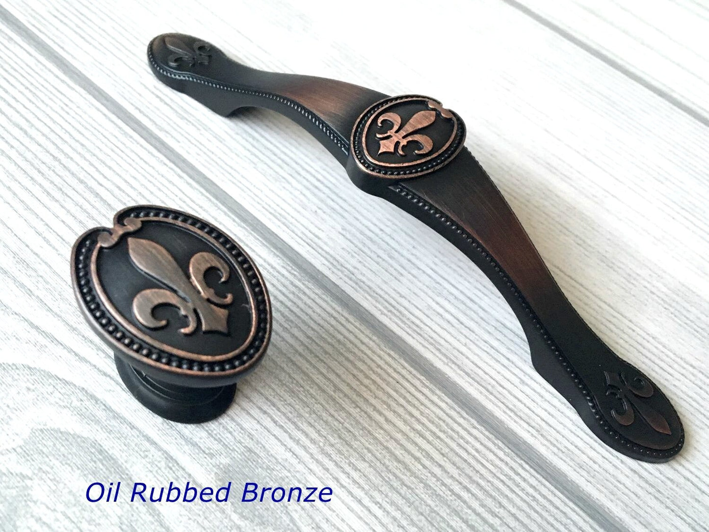 Fleur De Lis Cabinet Pulls and Knobs, 3.75" Centers, Bronze, Creamy White