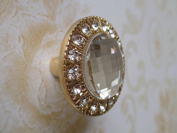 Gold Silver Glass Crystal Dresser Drawer Knob, Cabinet Pull, Shiny Clear Diamond Cut