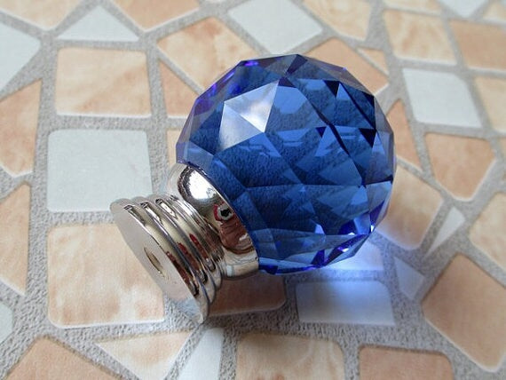 Blue Glass Dresser Knobs, Crystal Drawer Pulls, Kitchen Cabinet Hardware