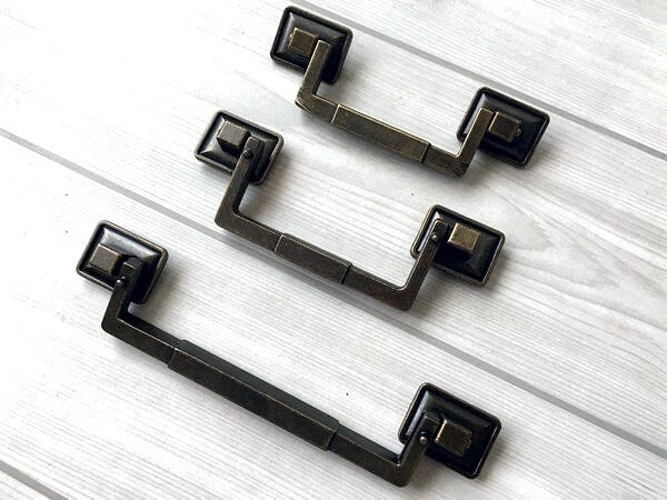 3.5" 3.75" 5.5" Vintage Style Drop Bail Drawer Pulls with Square Cabinet Knob, Antique Bronze