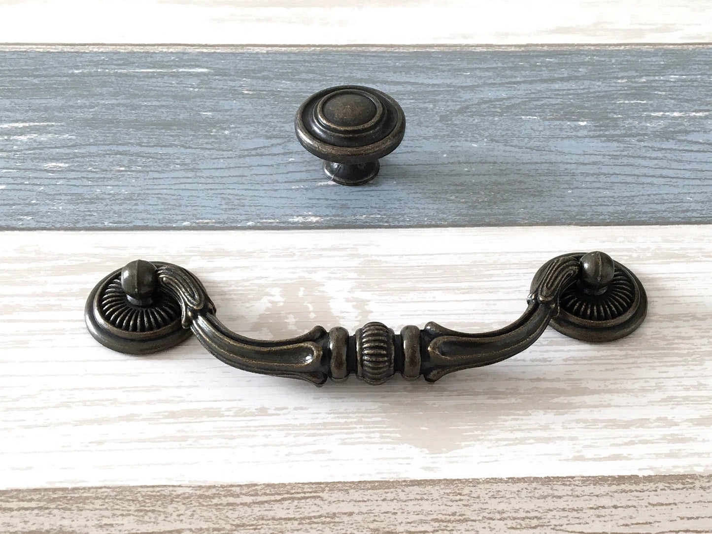 4-3/4 Inches antique bronze Drop Bail Dresser Pull and matching Cabinet round knob