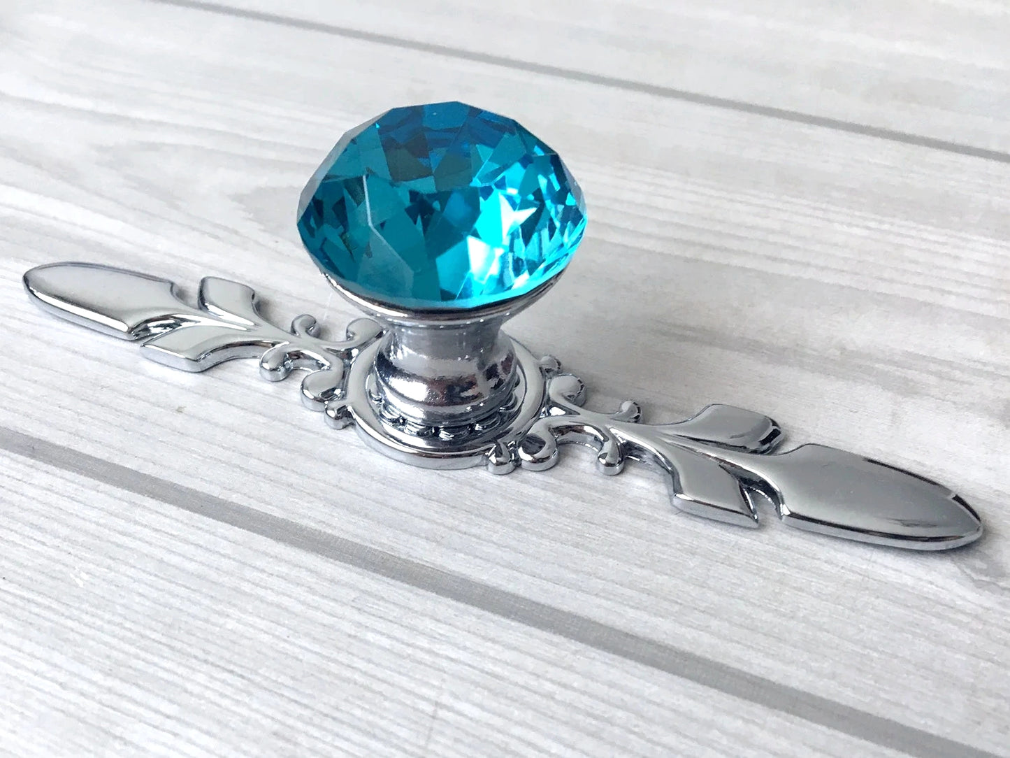 Blue Glass Drawer Knobs with Backplate, Polished Chrome