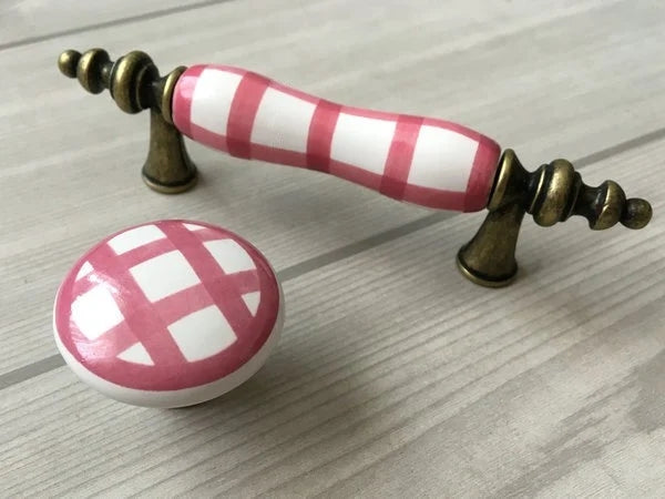 3" Centers Gingham Ceramic Drawer Pull and Cabinet Knob, Antique Bronze Green Yellow Red Blue White