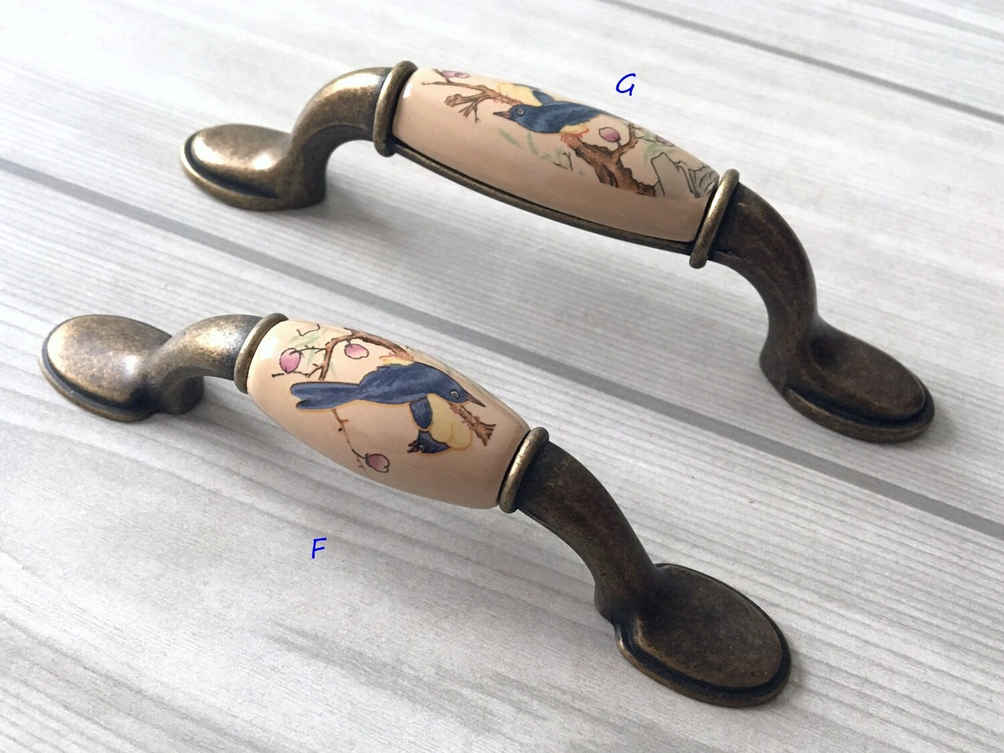 3" 3.75" 5" Flower Bird Porcelain Drawer Pulls Cabinet Handle, Tan Bronze