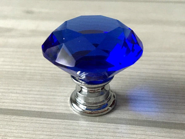 Blue Glass Drawer Knobs with Backplate, Polished Chrome, Kitchen Hardware
