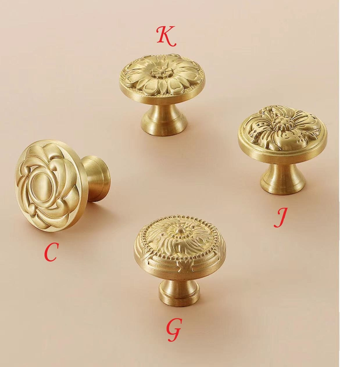 Brass Flower Patterned Knobs, Floral Drawer Pulls, Brushed Gold, Kitchen Cabinet Hardware