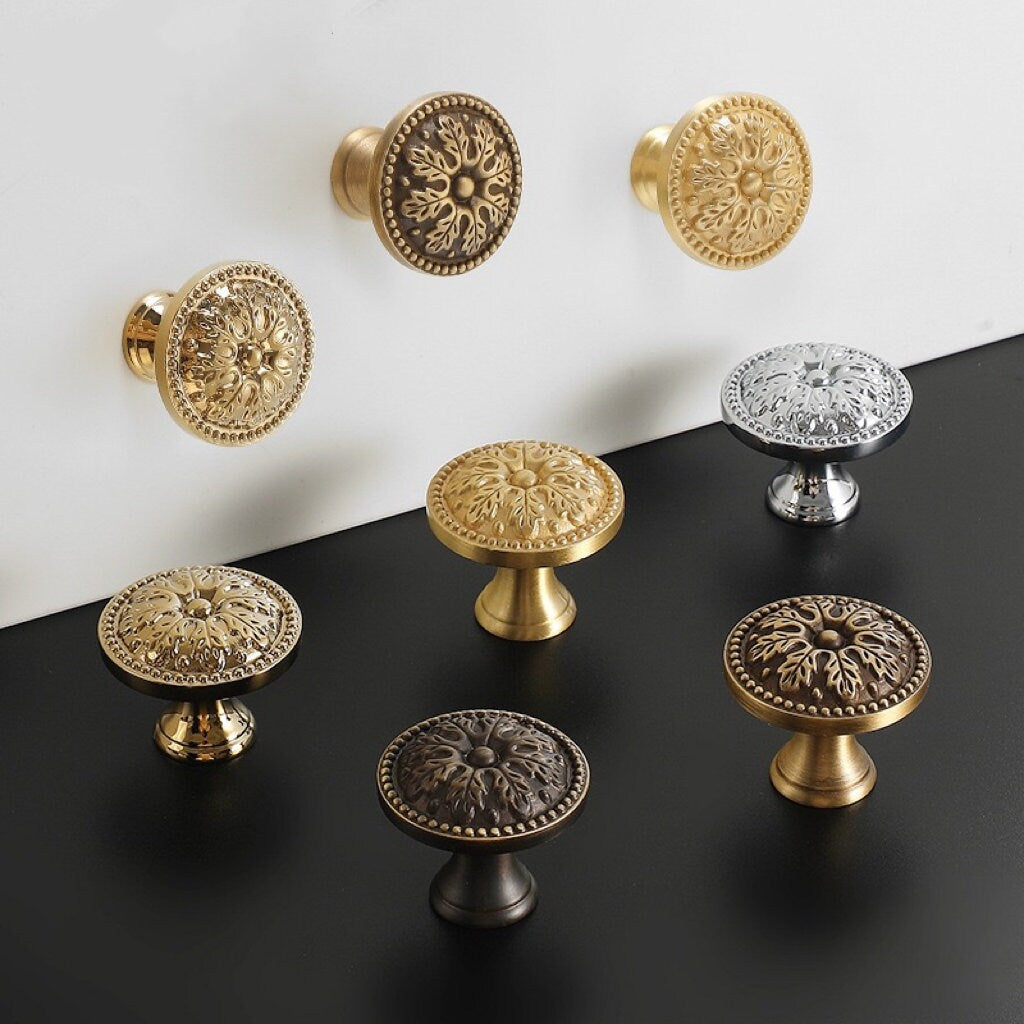 Floral Brass Knobs, Flower Cabinet Pulls, Gold Silver Bronze
