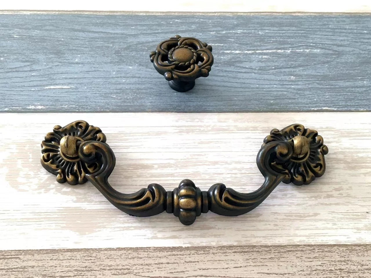 4.5" Vintage Style Antique Gold Brass Drop Bail Drawer Pull and Cabinet Knob