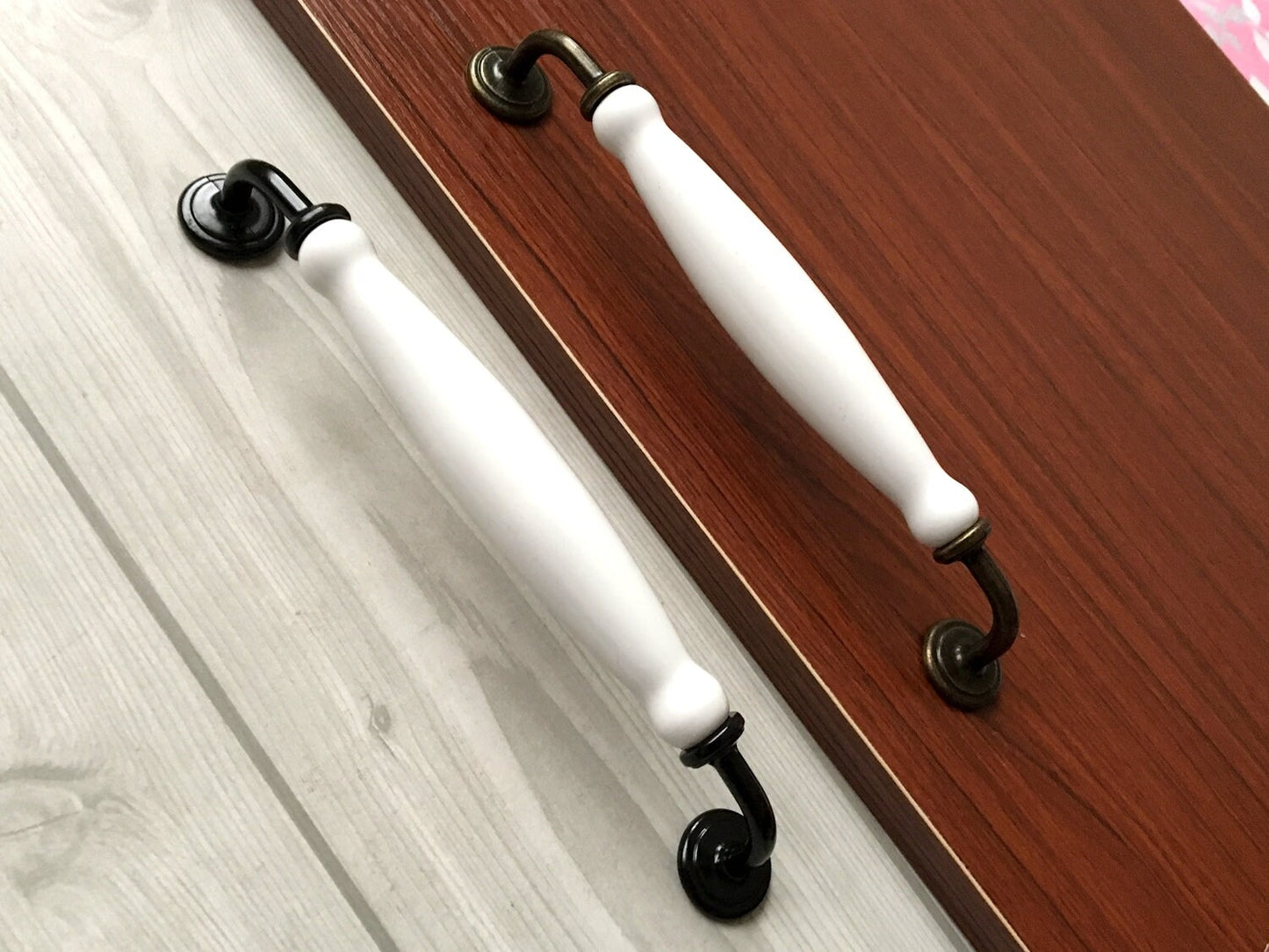 7.5" Kitchen Cabinet Pulls, Round Knobs, 192 mm Centers, Porcelain, White Bronze Chrome
