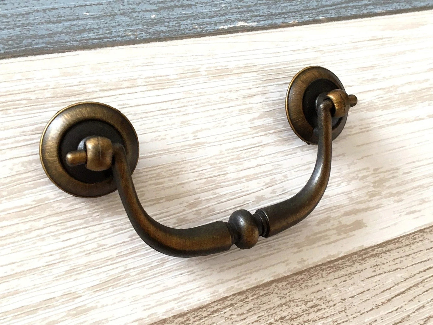 3.25" Centers Vintage Style Bail Drawer Pull with matching knob, Antique Gold Brass