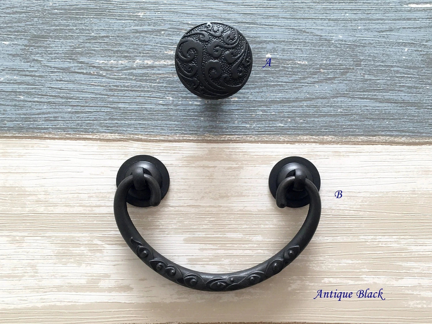 2.75" to 3" Centers Brass Drop Bail Drawer Pull with matching knob, Vintage Style, Antique Bronze Black