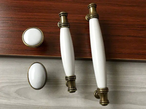 3.75" 5" Porcelain Drawer Pull,  White Antique Bronze, Kitchen Door Handle