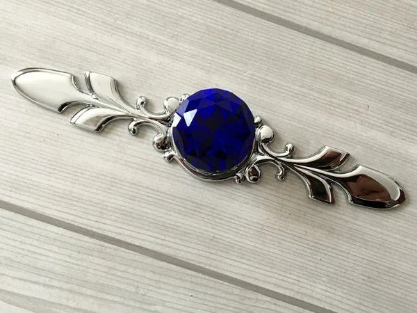 Blue Glass Drawer Knobs with Back Plate, Polished Chrome