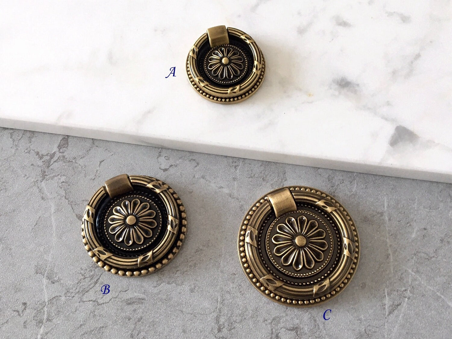 Brass Drop Ring Drawer Pulls, Floral Backplate, Antique Bronze, Gold