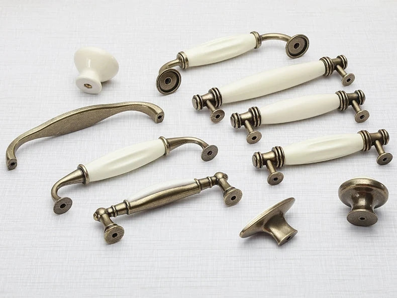 Cream Porcelain Cabinet Pulls Drawer Handles Antique Bronze
