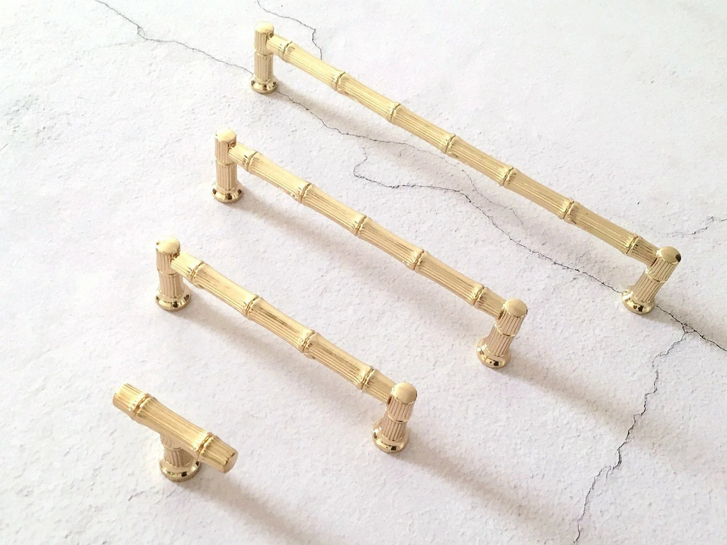 Bamboo Drawer Handles, Polished Gold, Kitchen Cabinet Hardware, 3.75" 5" 7.5" Centers