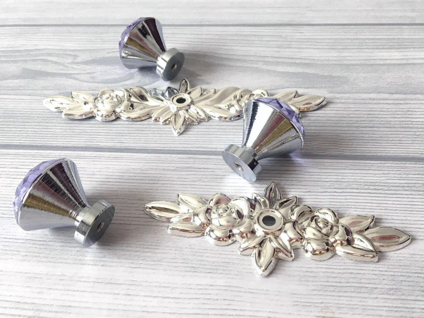 Purple Crystal Drawer Knobs with Backplate Shabby Chic