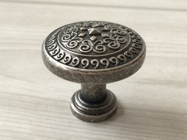 3.5" Antique Pewter Cup Drawer Pull and Knobs with emobssed motif